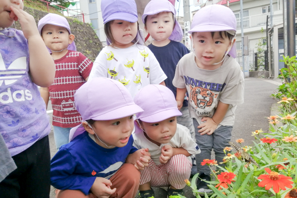 花壇を見る子どもたち